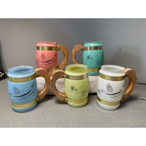 Vintage Siesta Ware Frosted Tiki Mugs With Wood & Brass Handles - 5 Rainbow Colo